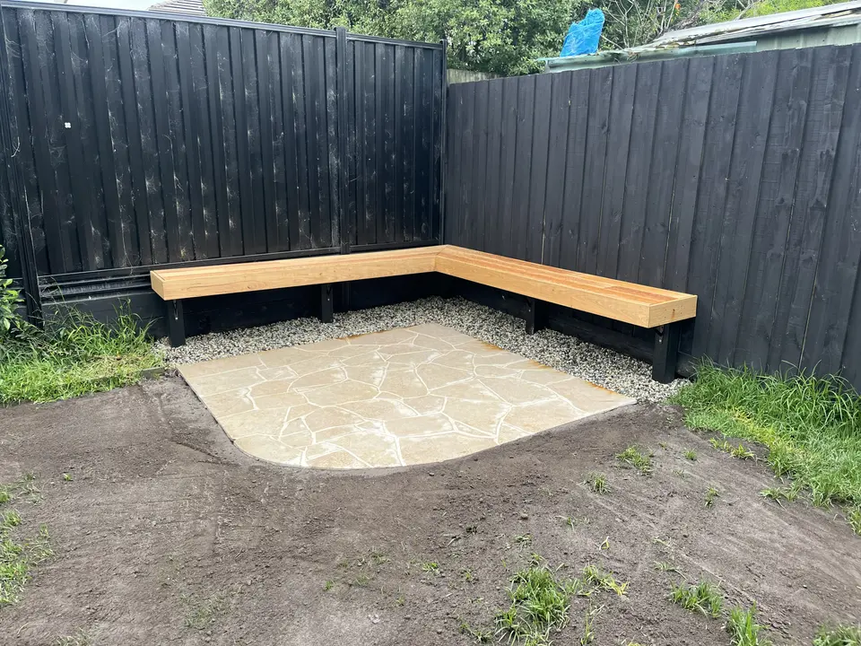 Carnegie: Crazy paving & timber seat, photo 2 of 5